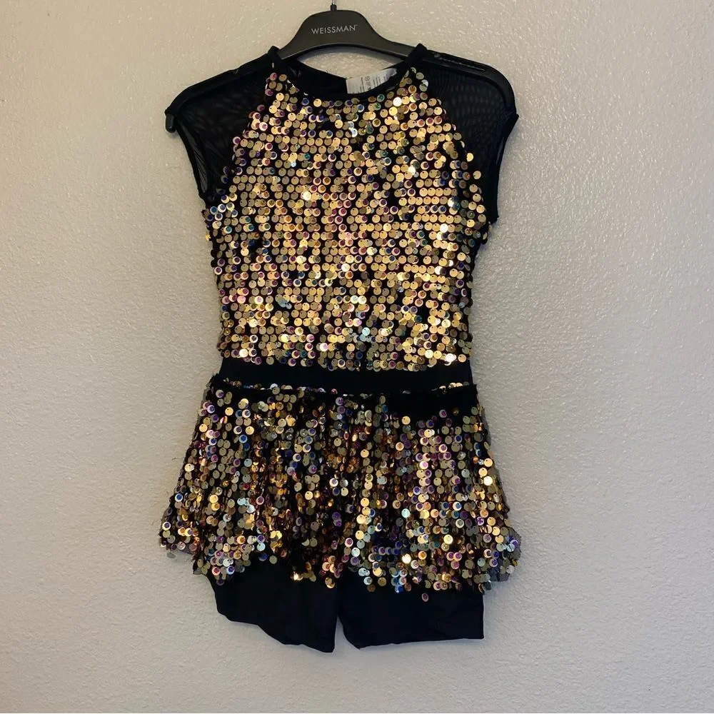 WEISSMAN Dance Costume sequin gold biketard jazz I'm Stuck 10422 Child LC